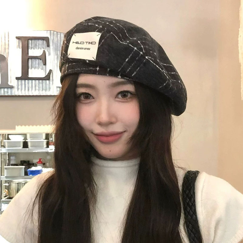 日系复古格纹无檐贝雷帽女显脸小
