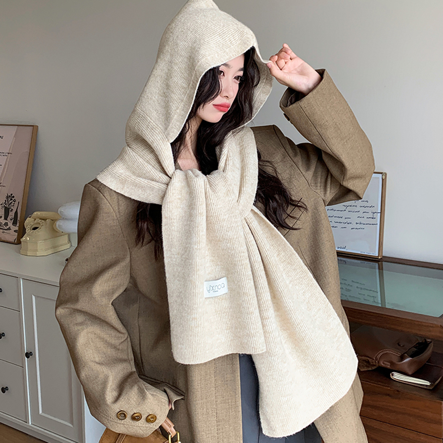 韩版含羊毛针织连帽围巾女款秋冬