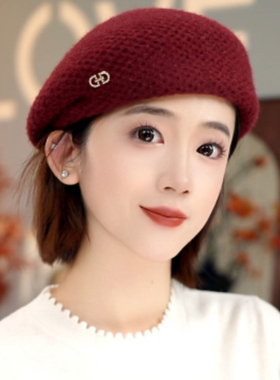 安可拉红洋气定型贝雷帽子女秋冬百搭时尚显脸小画家帽气质蓓蕾帽