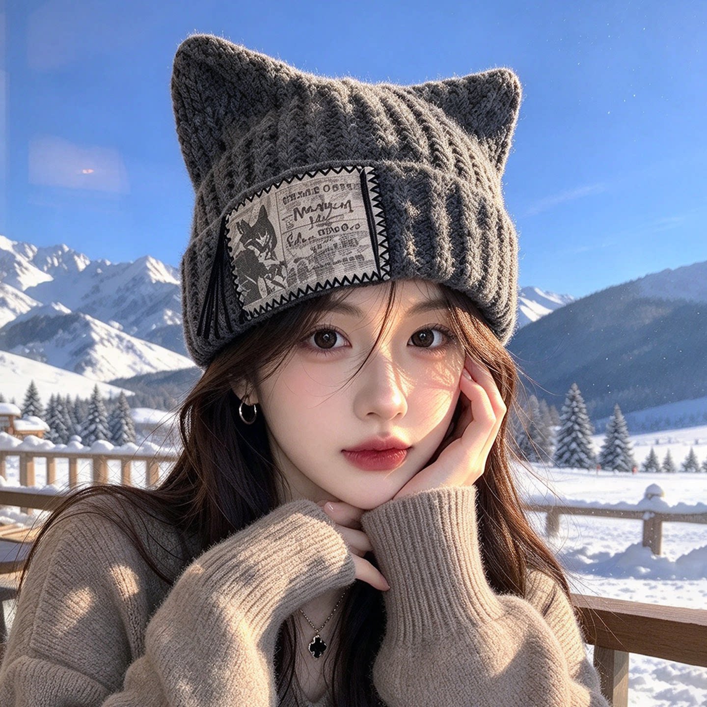韩系猫耳针织帽女冬季保暖显脸小