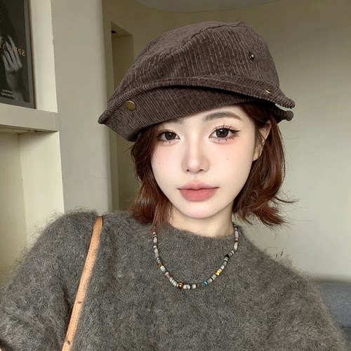日系复古灯芯绒贝雷帽女秋冬显脸