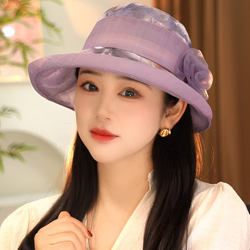赫本风立体花朵渔夫帽女士夏季新款可折叠遮阳帽子中老年防晒盆帽