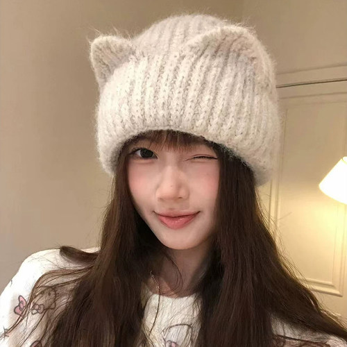 日系猫耳针织护耳帽秋冬保暖女款