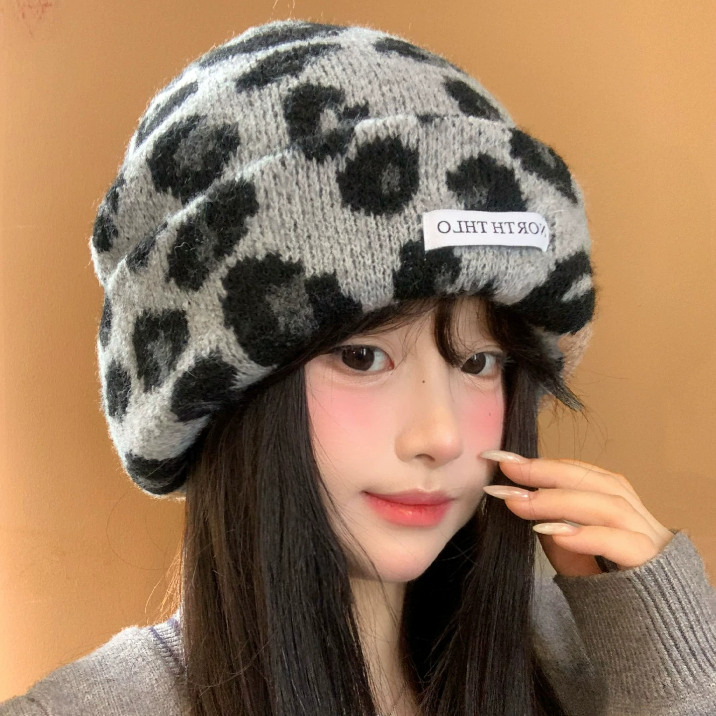 美式复古辣妹豹纹针织帽女款秋冬季新款个性百搭冷帽保暖毛线帽子