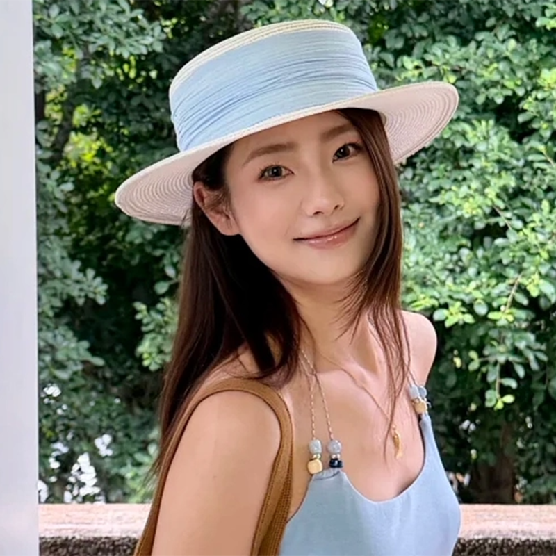 夏季蓝色缎带平顶防晒草帽女