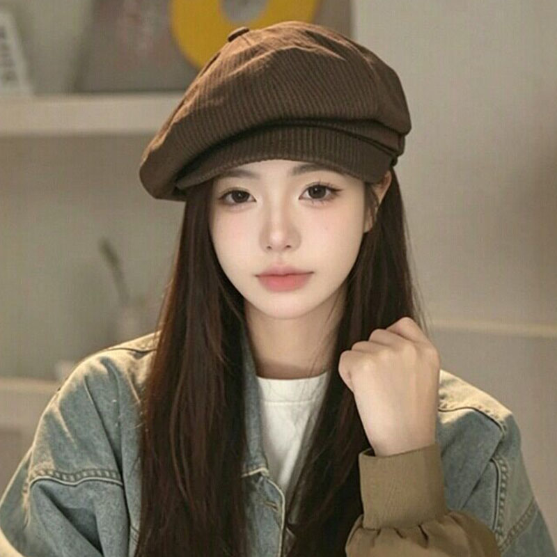 女款复古条纹宽檐八角帽显脸小