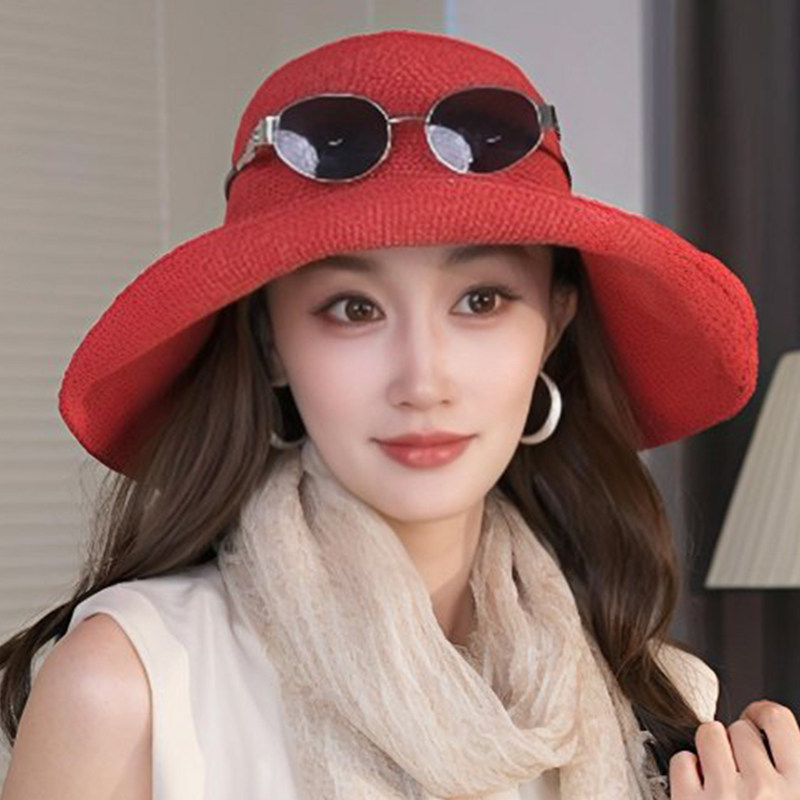 夏季显白红色手工细钩针草帽子女日系大檐可折叠防晒帽百搭渔夫帽