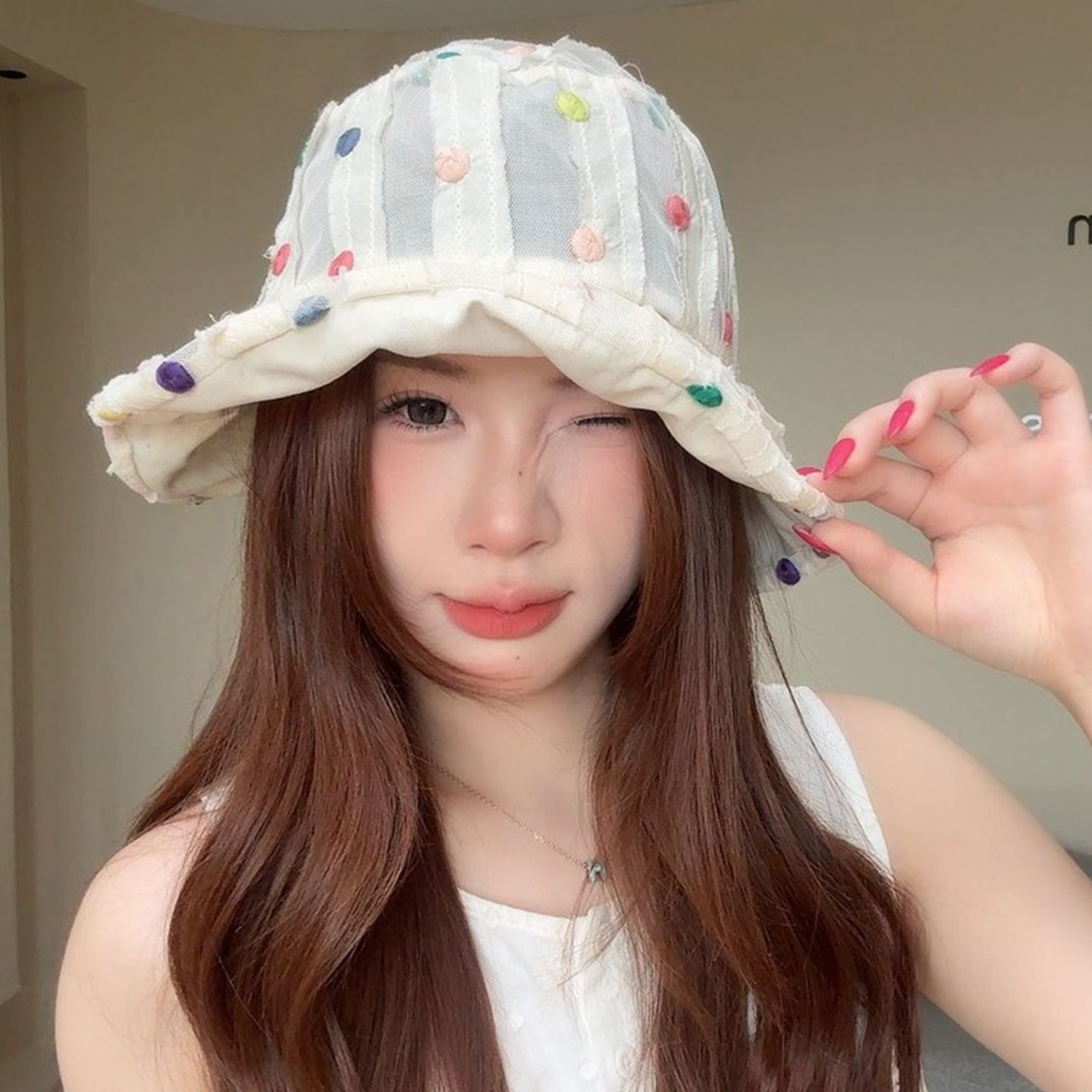 夏日轻薄透气彩色波点网纱渔夫帽女士显脸小遮阳帽子出游百搭盆帽