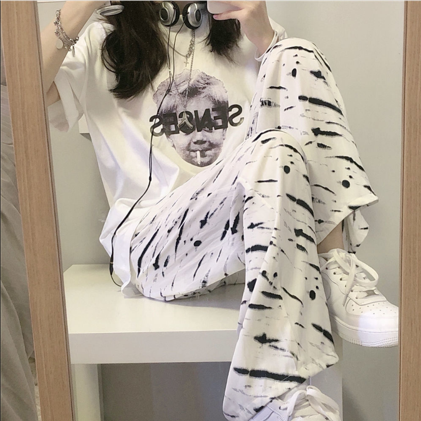 3时尚套装夏季新款学生韩版宽松短袖T恤格子休闲阔腿直筒裤两件