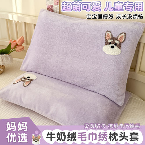全棉紫色牛奶绒毛巾绣儿童枕套30x50宝宝加绒枕头套40x60学生单个