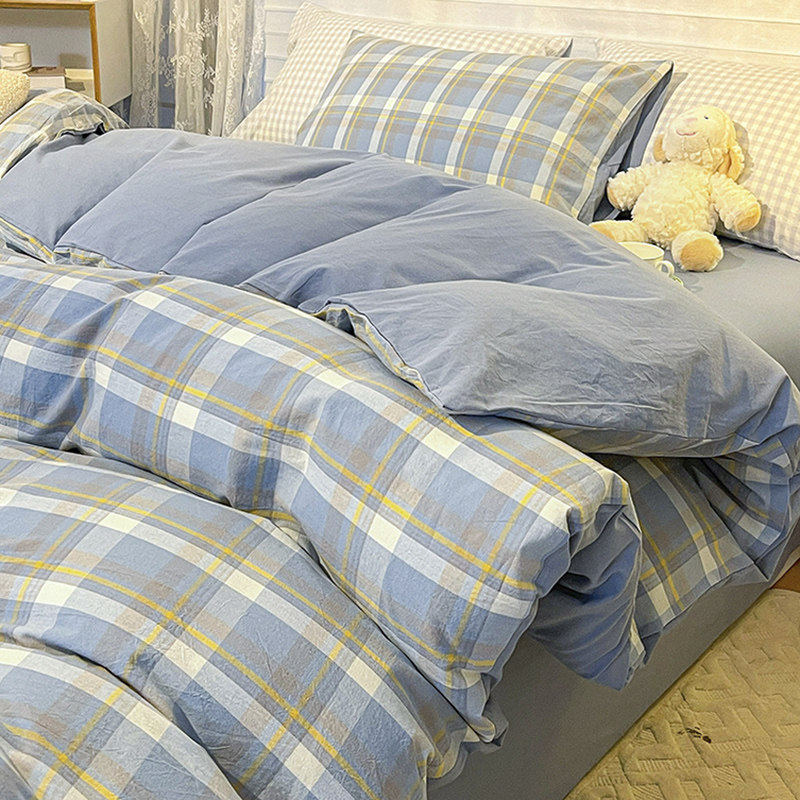 全棉纯棉简约四件套纯水洗棉被套全磨毛学生宿舍单人三件套床上用