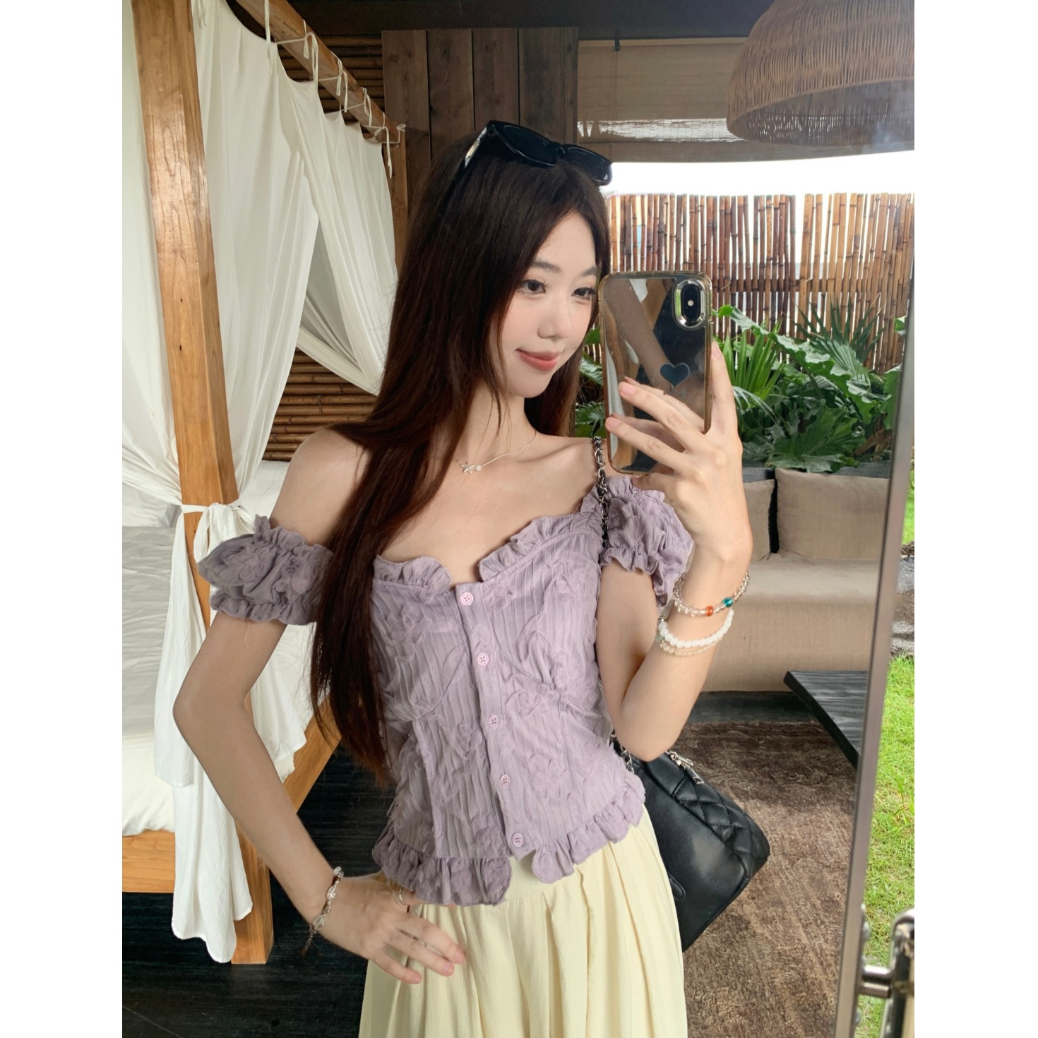 法式高级感紫色蕾丝边泡泡袖短款上衣女夏季别致小衫设计小众衬衫