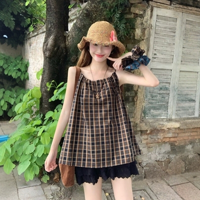 格纹吊带背心女夏泰式多巴胺