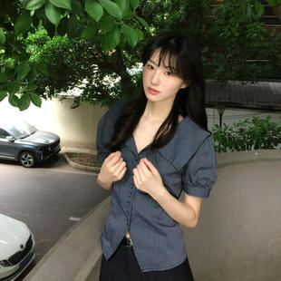 超好看甜美减龄上衣 韩系学院风条纹翻领泡泡袖 衬衫 女夏季 2025新款