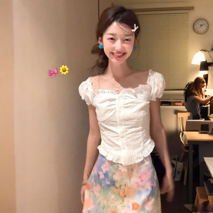 独特漂亮木耳边短袖衬衫女夏季2025新款设计感小众两穿泡泡袖上衣