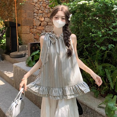 条纹无袖挂脖吊带背心女夏娃娃衫