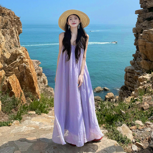 海边度假紫色无袖 高级感露背长裙 挂脖吊带连衣裙子女夏季 2025新款