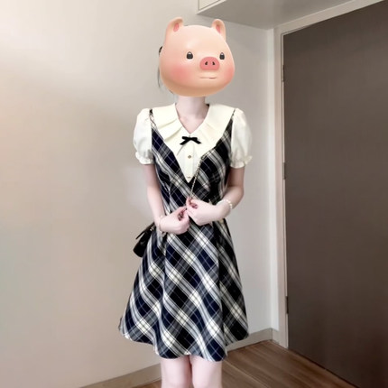 学院风假两件格纹短袖连衣裙女夏季2025新款小个子泡泡袖a字短裙