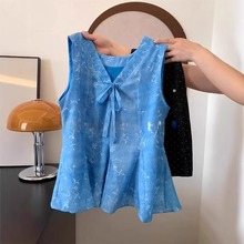 甜美减龄蓝色碎花无袖吊带背心女夏季新款小众设计感外穿短款上衣