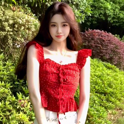 红色波点荷叶边小飞袖衬衫女夏外穿独特漂亮甜辣修身短款背心上衣