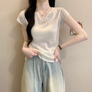 小衫 白色冰丝短袖 竹节棉上衣高级感小众不撞款 t恤女2025新款 夏季