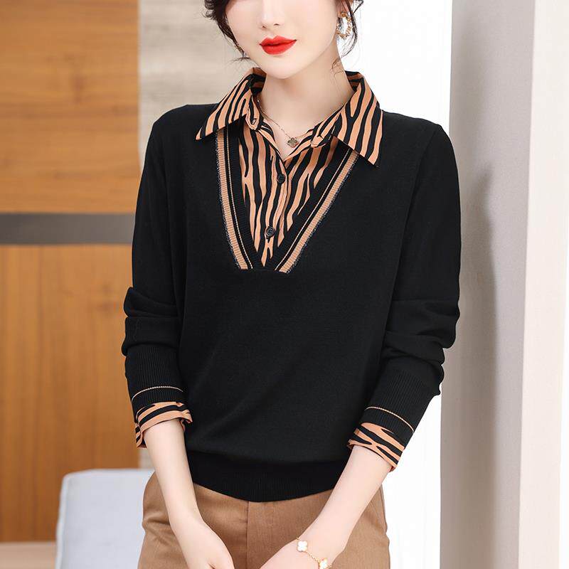 MONLOUVE大码女装春装衬衫领毛衣2025年新款胖mm遮肚子显瘦上衣针