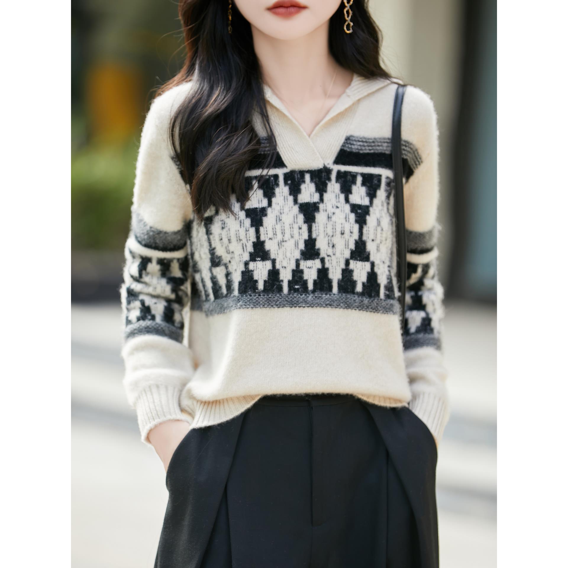 MONLOUVE100纯衫翻领加厚撞色毛衣2025秋冬新费尔岛提花打底针织