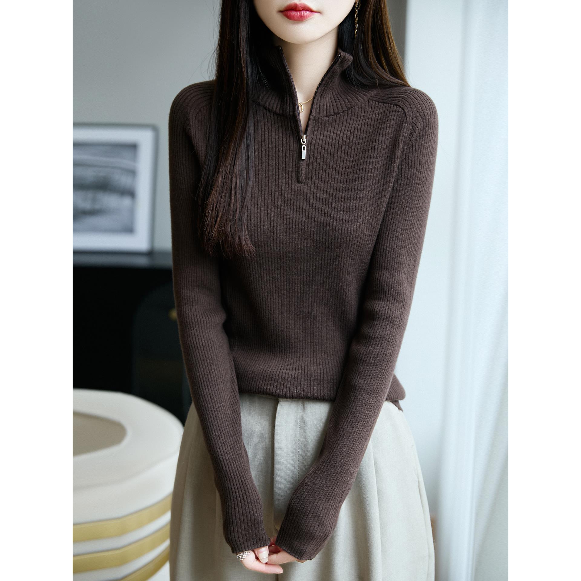 MONLOUVE法式高端半拉炼毛衣女2025秋冬新款针织打底衫半开领内搭