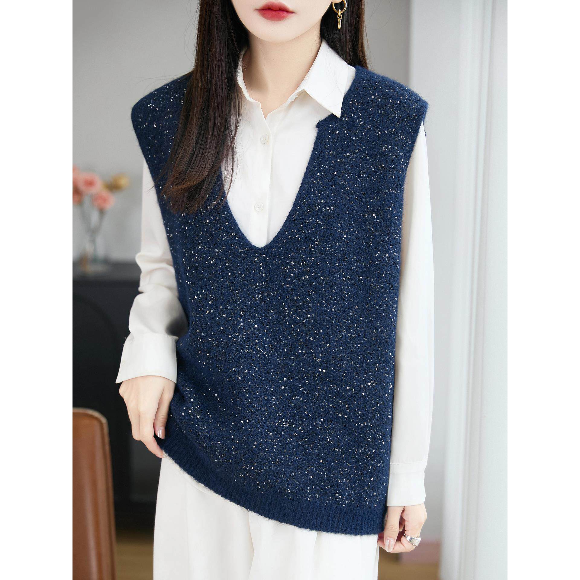 MONLOUVE亮片针织马甲女25秋冬叠穿宽松无袖毛衣坎肩背心内搭保暖