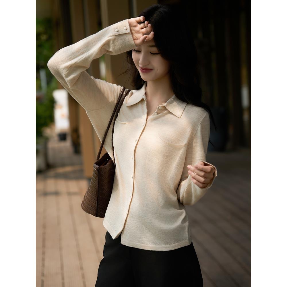 MONLOUVEPOLO领带兜100纯开衫女2025秋冬新翻领百搭宽松针织外套