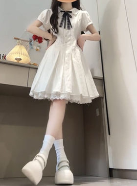 法式学院风白色连衣裙女夏季甜美初恋公主裙收腰小个子百褶短裙