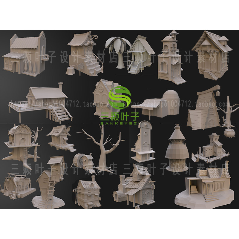 blender风格化卡通建筑3D基础模型 木屋磨坊教堂店铺白模素材代下