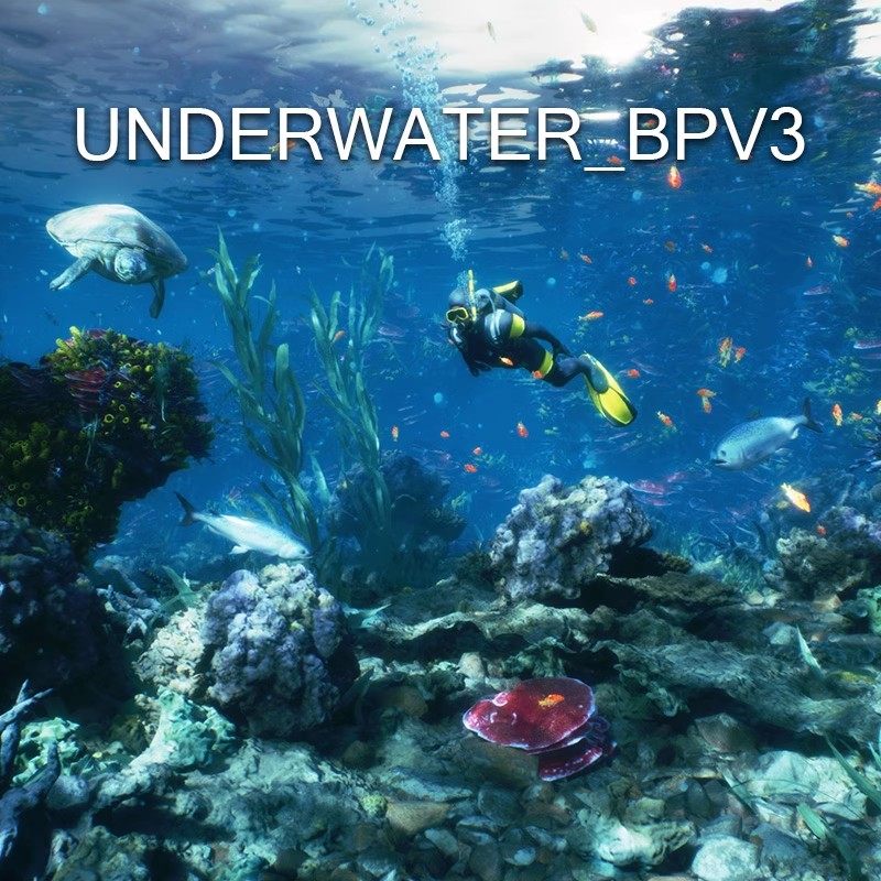 UE5.2-5.3写实海底水下材质蓝图珊瑚海龟潜水员鲸鱼群沉船