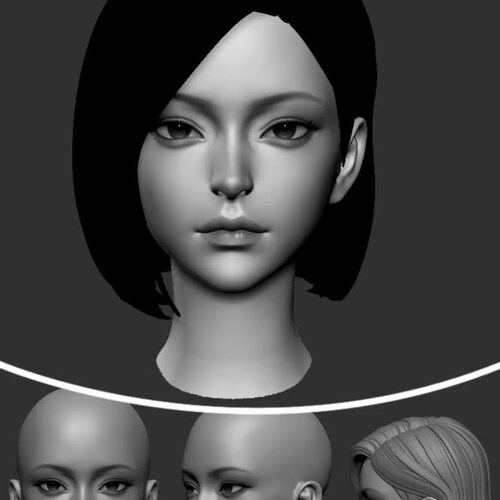 zbrush高精度人物女性头部日韩3D雕刻短发光头zb模型obj素材28