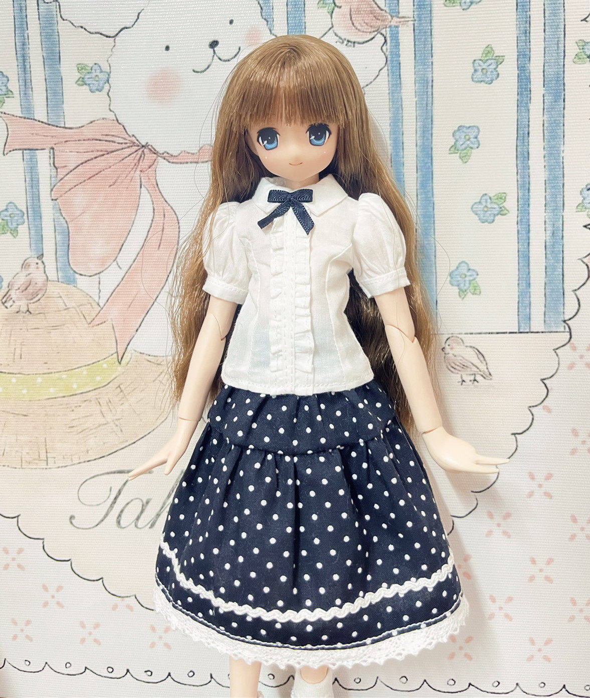 ob24 Azone特六blythe 日常风格娃衣可爱波点半身裙 短袖白衬衫