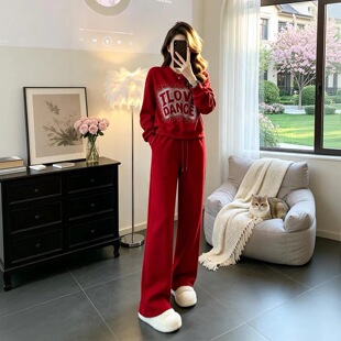 休闲烫钻卫衣运动套装女春秋宽松显瘦阔腿裤新年本命年红色两件套