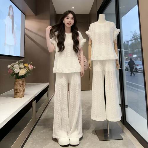 纯欲慵懒风女装2026夏季时尚镂空针织短袖T恤显瘦直筒裤防晒套装