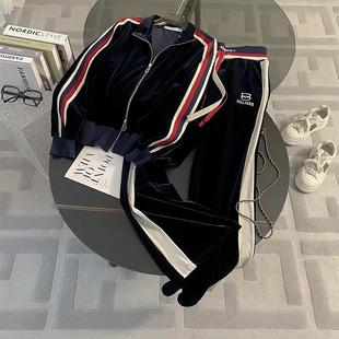 欧货金丝绒阔腿裤套装女春秋季2025年新款撞色时尚休闲运动两件套