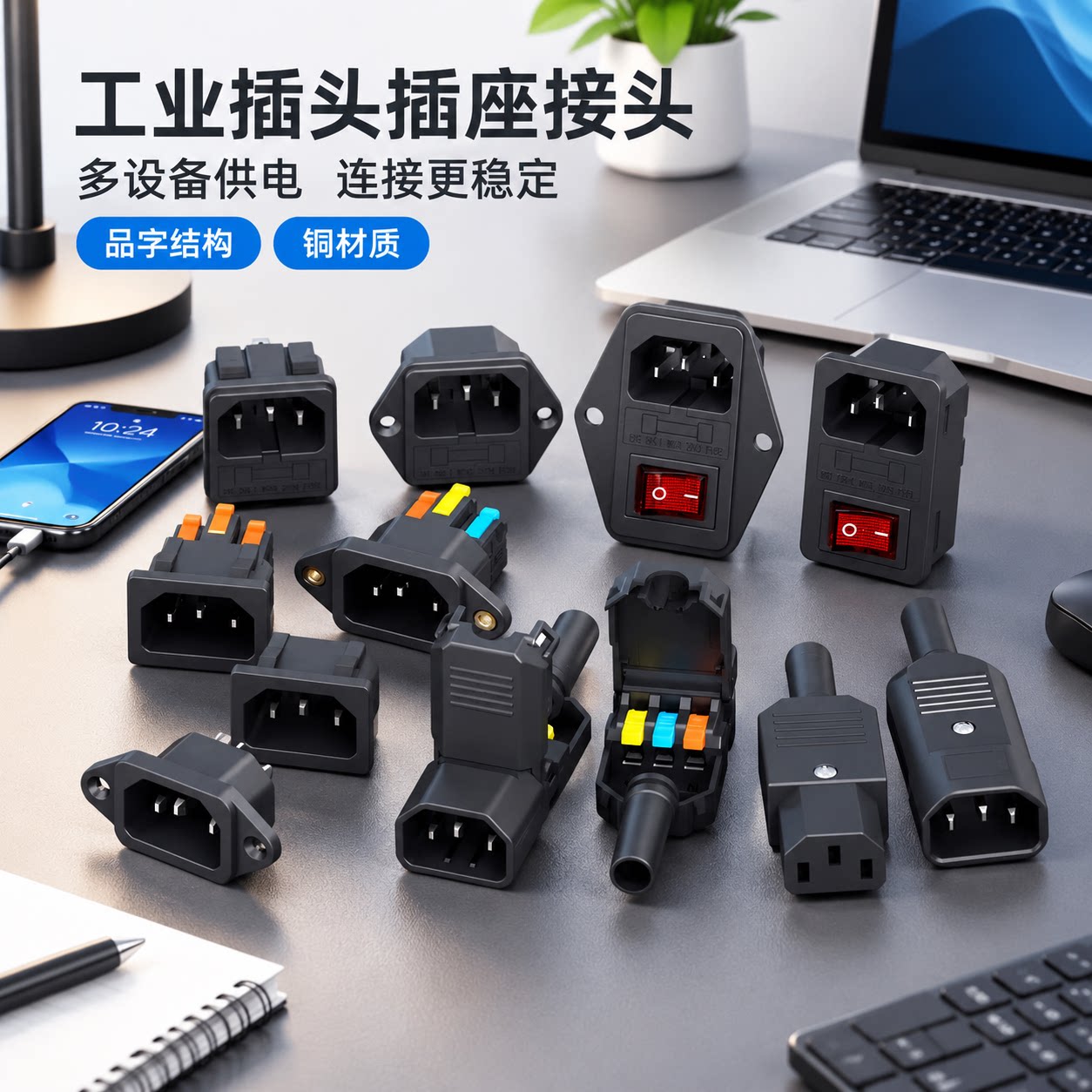 官方正品公矢10A15A三芯品字插头大功率铜电源接头公母插尾工业插