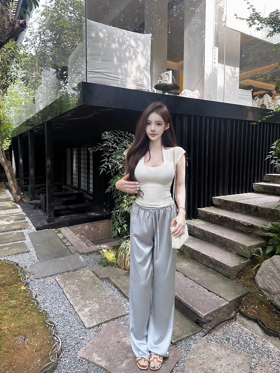 失效药丸【素颜美女】小飞袖T恤夏季弹力修身纯欲纯色上衣带胸垫