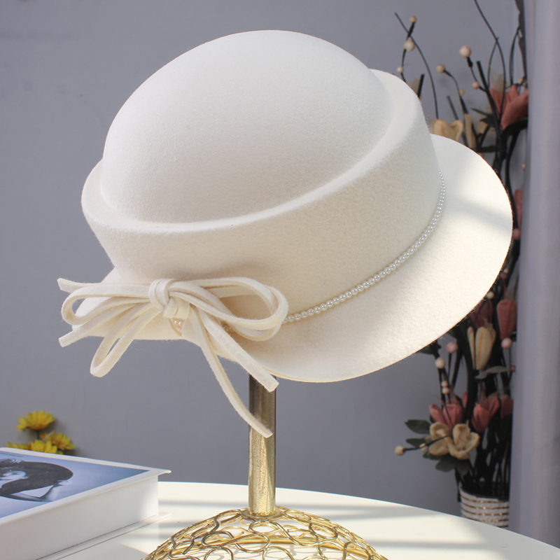 赫本风羊毛呢贝雷礼帽秋冬新款翘边系带渔夫帽法式绑带蝴蝶结盆帽