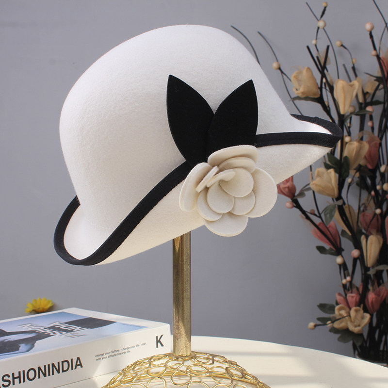 小香风山茶花千金风撞色边盆帽羊毛呢渔夫帽女秋冬赫本风翘边礼帽