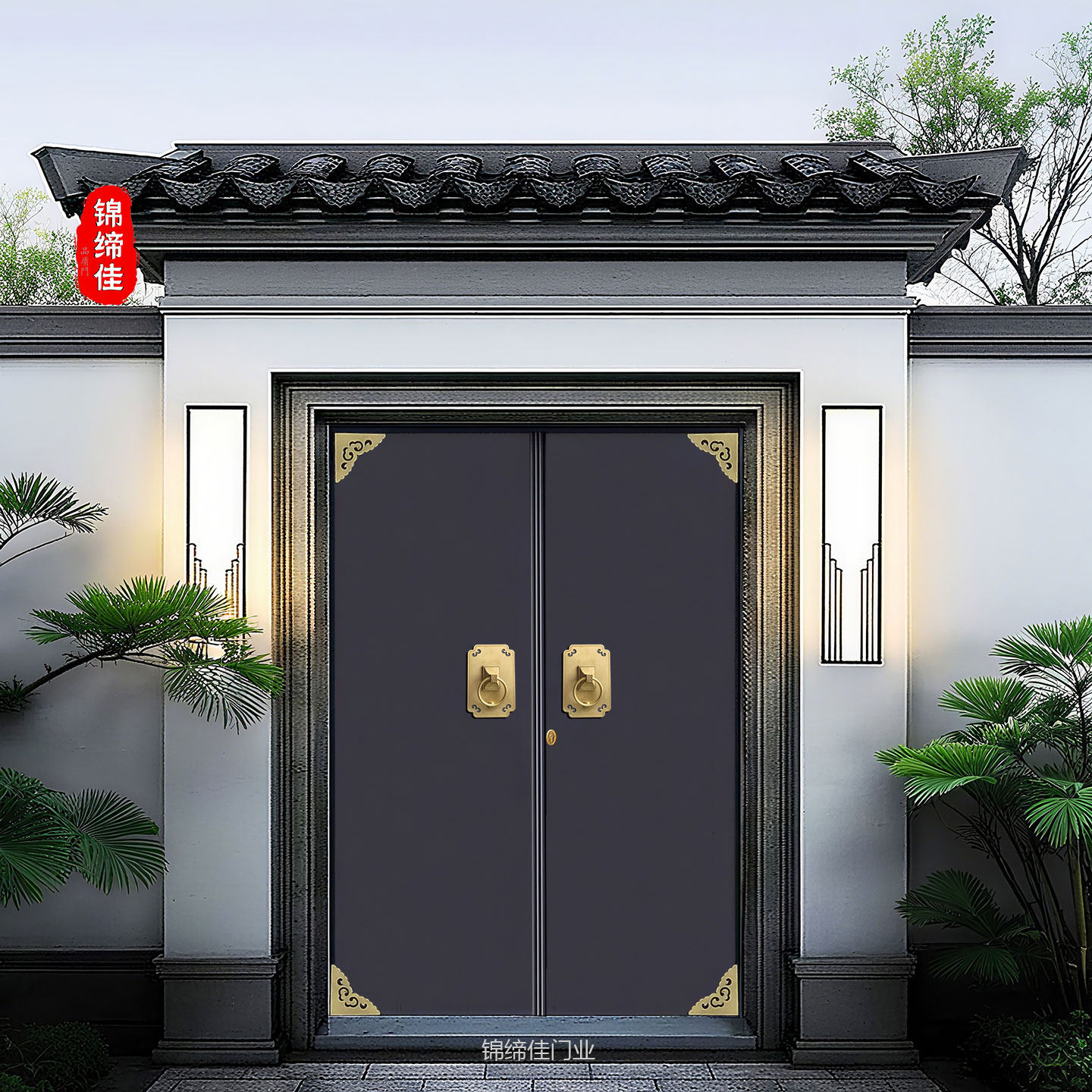 徽派别墅仿古院子大门纯铜祠堂门不锈钢锌合金双开门新中式庭院门