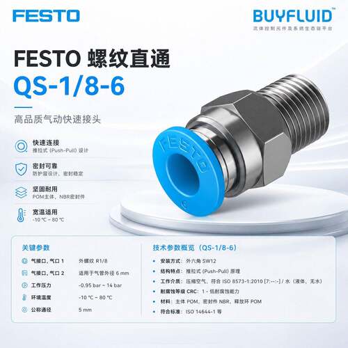 FESTO 螺纹直通 QS-1/8-6 G1/8；6 工业管路连接件 原装正品现货