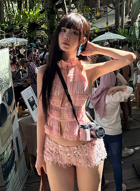 WEIRD PUSS甜心狙击性感辣妹系带设计长袖背心女时髦短裤百搭套装