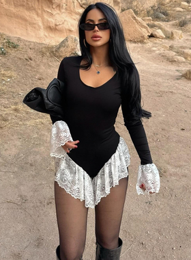 WERID PUSS 欧美拽姐酷辣蕾丝拼接长袖连体衣女 修身百搭辣妹上衣