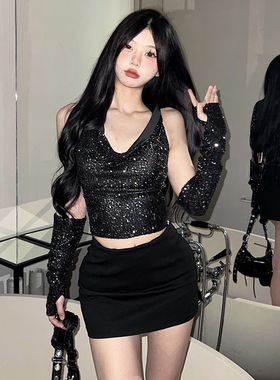 WEIRD PUSS 酷辣风带亮片荡领连帽背心带袖套黑色炸街显瘦短上衣