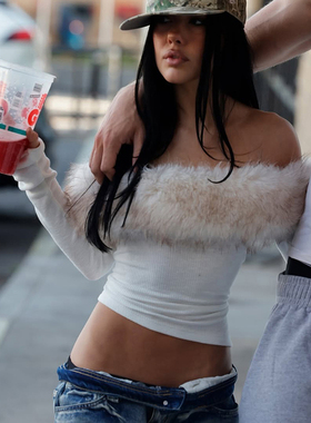 WEIRD PUSS 美式辣妹可拆卸毛毛抹胸背心女 修身显瘦百搭长袖上衣