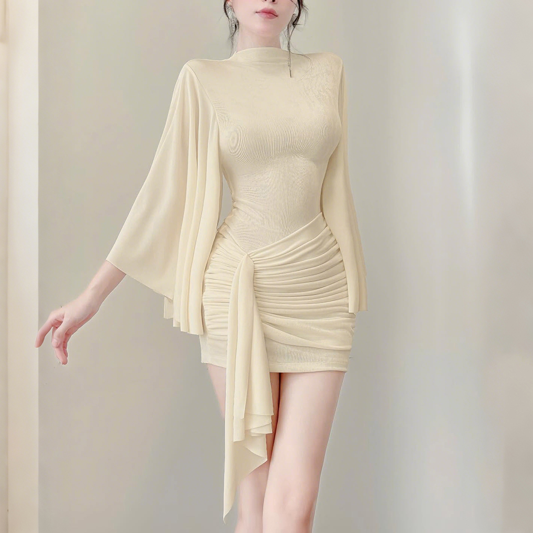 WEIRD PUSS 韩系温婉美人蝙蝠袖连衣裙女 褶皱飘带修身气质包臀裙