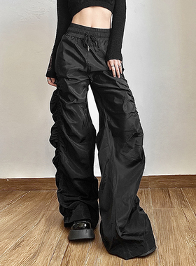 WEIRD PUSS欧美风黑色褶皱抽绳休闲裤女潮酷个性显瘦高腰拖地长裤